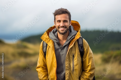 Portrait of a glad man in his 30s wearing a lightweight packable anorak against a bustling airport terminal. AI Generation