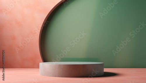 Minimalistic product podium with a terracotta base and sage green backdrop in a soft light.