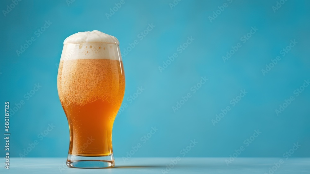 a close up of a glass of beer on a blue table with a blue wall in the background and a light blue wall in the middle of the room behind. a close up of a glass of beer on a blue table with a blue wall in the background and a light blue wall in the middle of the room behind.