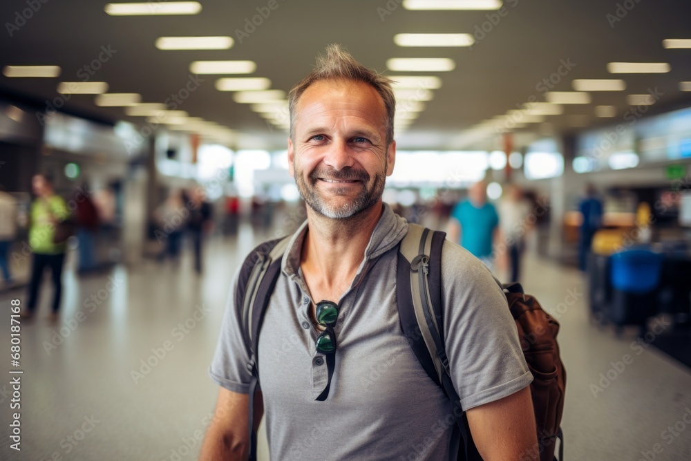 Portrait of a happy man in his 40s sporting a vented fishing shirt against a bustling airport terminal. AI Generation Portrait of a happy man in his 40s sporting a vented fishing shirt against a bustling airport terminal. AI Generation