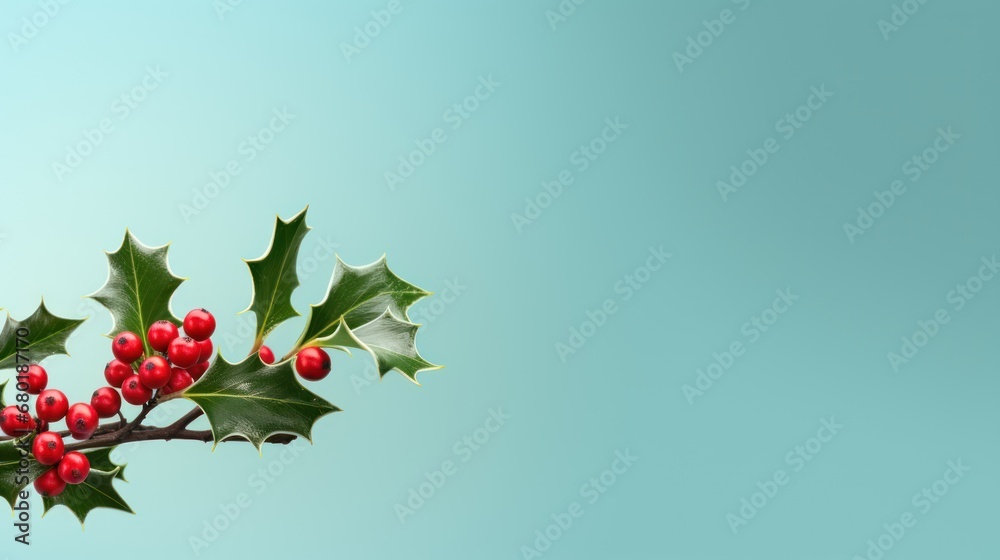  a branch of holly with red berries and green leaves on a light blue background with copy - space for a christmas card or a greeting card or a special occasion.