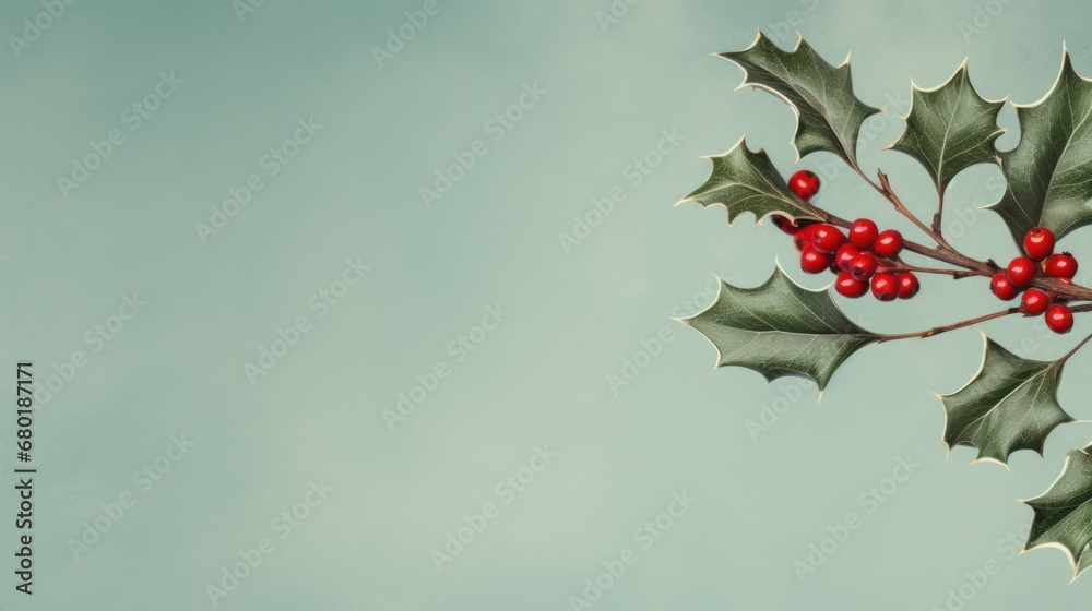  a holly branch with red berries and green leaves on a light blue background with copy - space in the middle of the image to the bottom right of the image.