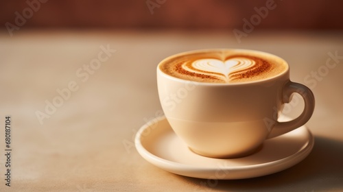  a cappuccino on a saucer with a heart drawn in the foam on top of the cappuccino is sitting on a saucer on a table.