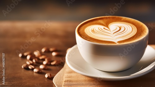  a cup of coffee sitting on top of a saucer next to a pile of coffee beans on top of a wooden table with a heart drawn in the foam.