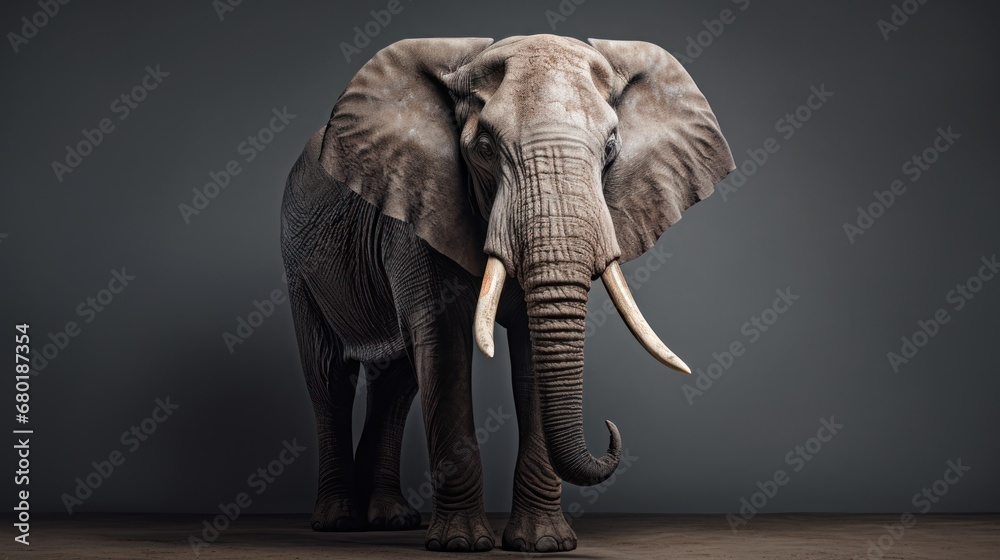  an elephant with tusks is standing in a dark room with a gray wall and a black background with a white spot on the top of the elephant's tusks.