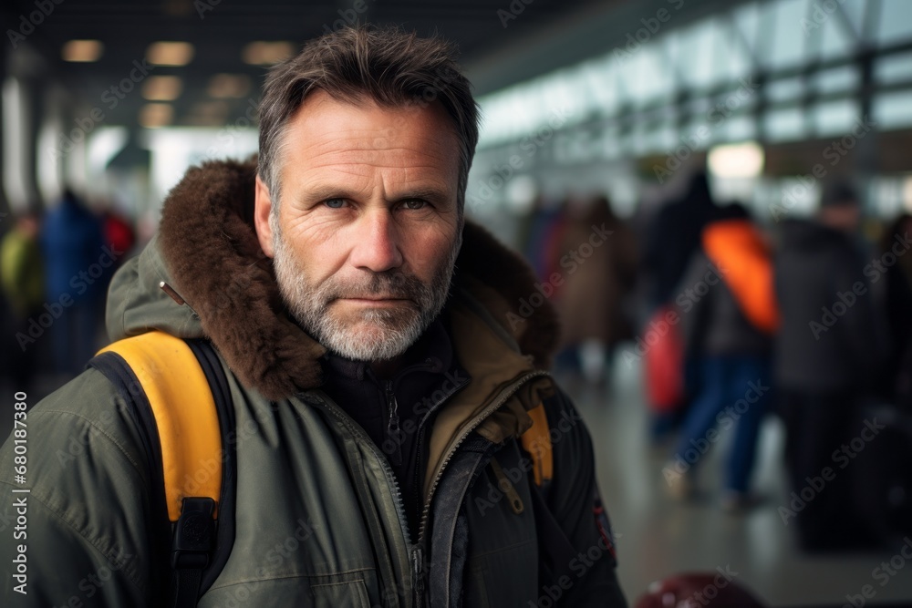 Fototapeta premium Portrait of a content man in his 50s donning a durable down jacket against a bustling airport terminal. AI Generation