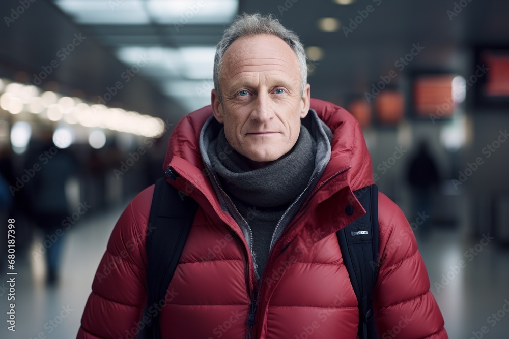 Portrait of a content man in his 50s donning a durable down jacket against a bustling airport terminal. AI Generation Portrait of a content man in his 50s donning a durable down jacket against a bustling airport terminal. AI Generation