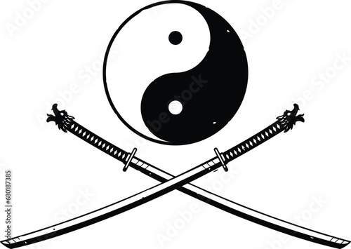 Crossed Katanas and Yin Yang Sign