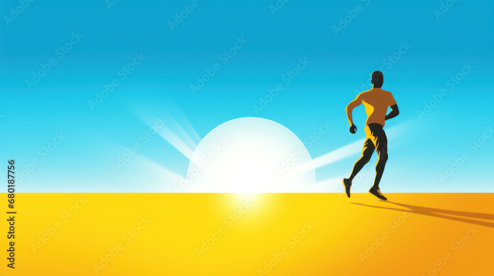  a man running across a sandy beach under a blue sky with the sun shining through the clouds and a ball of fire in the air in the middle of the foreground.