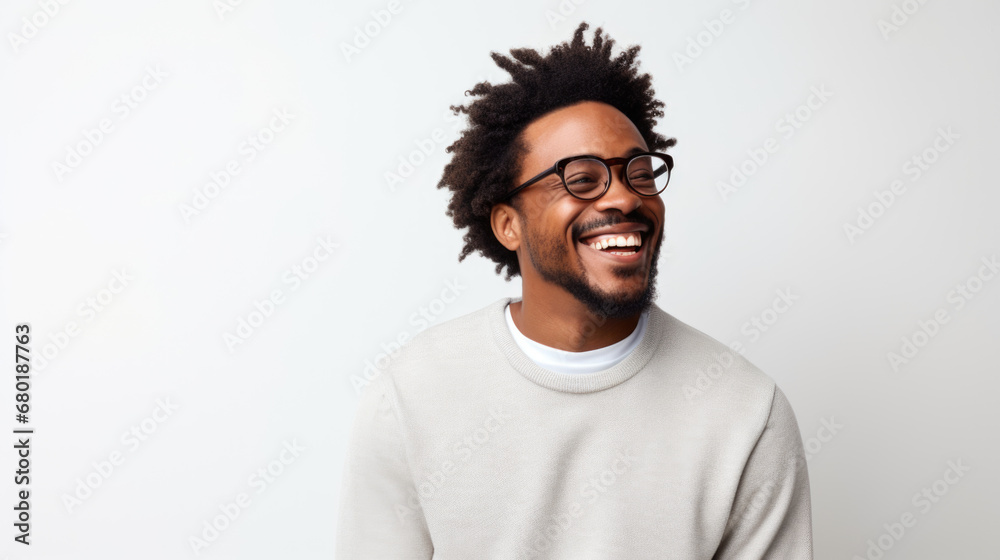 A beaming Black man with glasses, photographed against a simple white background. - obrazy, fototapety, plakaty 