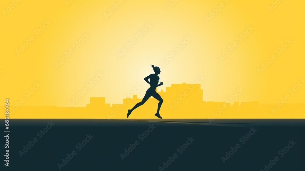  a silhouette of a woman running on a cityscape at sunset with the sun behind her and a cityscape in the foreground with skyscrapers in the background.