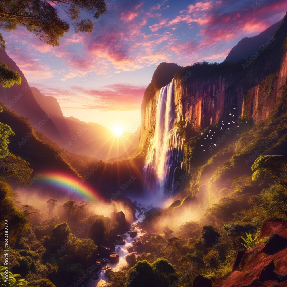 Majestic sunrise waterfall
