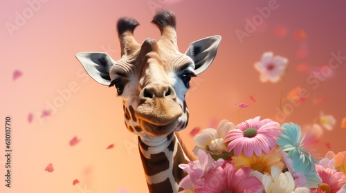 a close up of a giraffe with flowers in the foreground and a background of pink, orange, yellow, and white flowers in the foreground.