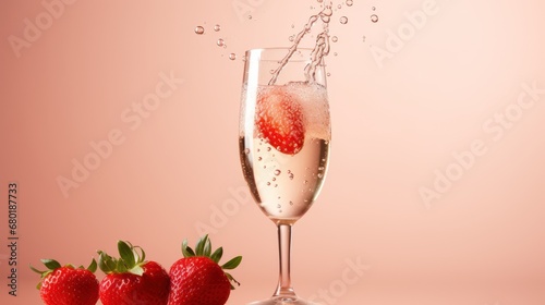  a glass of champagne and three strawberries on a pink background with a splash of water on the glass and the strawberries in the foreground, with a pink background.