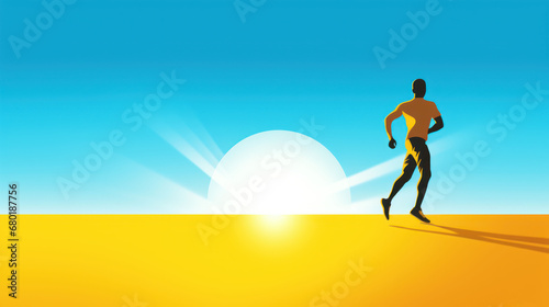 a man running across a sandy beach under a blue sky with the sun shining through the clouds and a ball of fire in the air in the middle of the foreground.