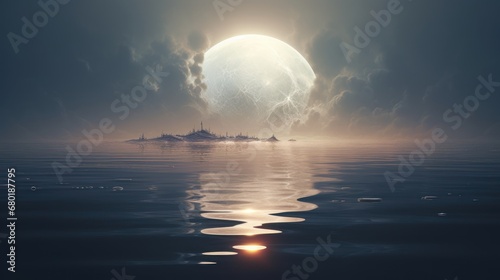  an island in the middle of a body of water with a full moon in the sky above it and a few clouds in the sky above the water and below.
