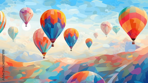  a painting of many colorful hot air balloons flying in the sky above a mountain range with a blue sky in the background and a few clouds in the foreground.