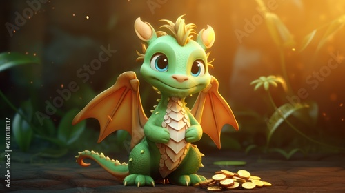  a little green dragon sitting on top of a pile of gold coins in front of a forest with lots of green leaves and a bright light shining on the background. © Olga