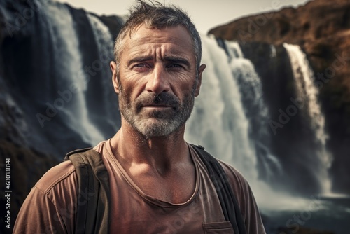 Portrait of a tender man in his 50s donning a trendy cropped top against a backdrop of a spectacular waterfall. AI Generation