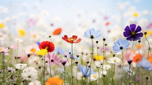  a field filled with lots of different colored flowers on top of a lush green grass covered field with lots of white, red, yellow, blue, and purple flowers.