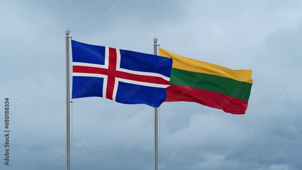 Lithuania flag and Iceland flag waving together on cloudy sky, endless seamless loop, two country relations concept Lithuania flag and Iceland flag waving together on cloudy sky, endless seamless loop, two country relations concept