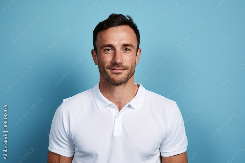 Portrait of a merry man in his 30s wearing a sporty polo shirt against a pastel blue background. AI Generation Portrait of a merry man in his 30s wearing a sporty polo shirt against a pastel blue background. AI Generation