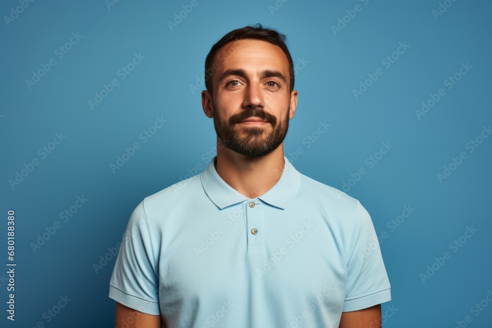 Portrait of a merry man in his 30s wearing a sporty polo shirt against a pastel blue background. AI Generation Portrait of a merry man in his 30s wearing a sporty polo shirt against a pastel blue background. AI Generation