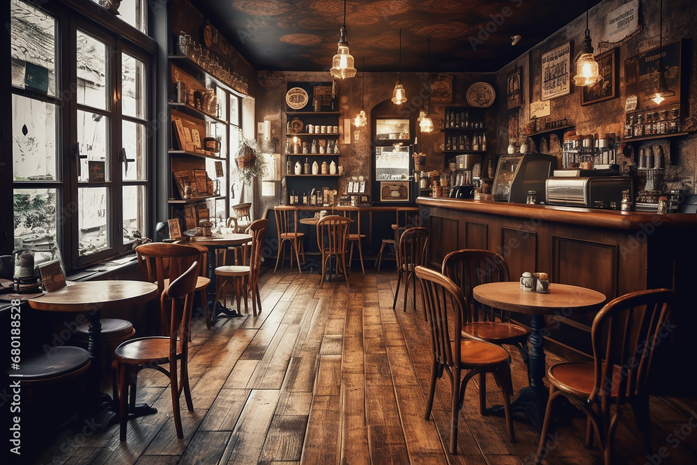 Cozy vintage cafe or pub interior with wood furniture, bar counter