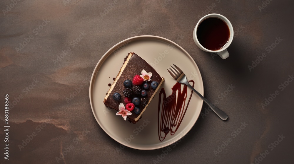 a piece of cake sitting on top of a white plate next to a cup of coffee and a fork on top of a white plate with berries on top of the plate. a piece of cake sitting on top of a white plate next to a cup of coffee and a fork on top of a white plate with berries on top of the plate.