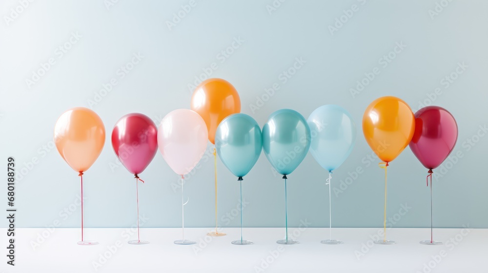  a row of balloons sitting on top of each other in front of a white wall with a blue wall in the back ground and a row of balloons in the middle of the row.