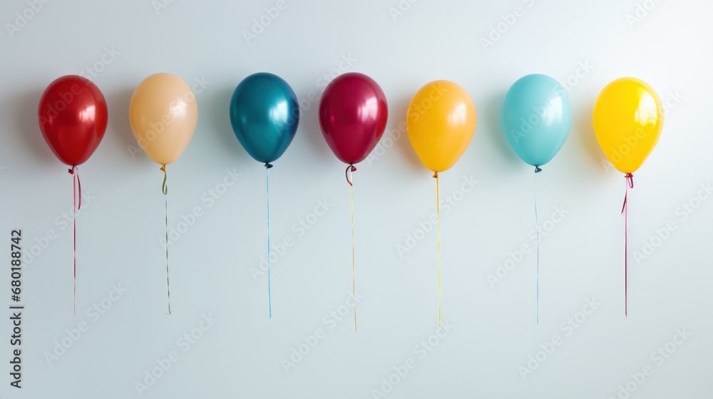 a row of multicolored balloons with a string attached to the end of the balloon are lined up in a row on a white background with a white wall. a row of multicolored balloons with a string attached to the end of the balloon are lined up in a row on a white background with a white wall.
