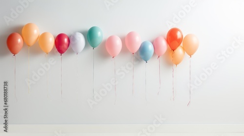  a row of multicolored balloons on a white wall with a string of red  orange  pink  blue  green  and white balloons attached to the wall.