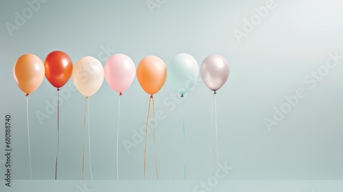  a row of multicolored balloons with a string sticking out of the middle of the balloons, on a light blue background, with only one balloon in the foreground.