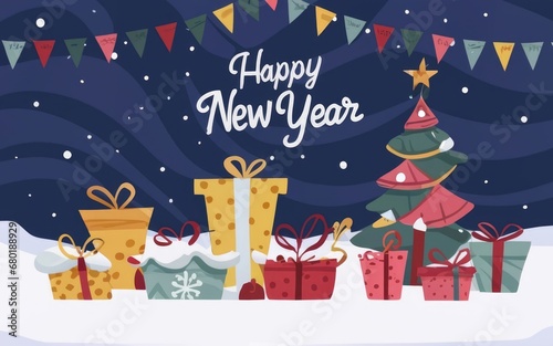Christmas card with text Happy New Year. Illustration in 2D drawn style celebrating holiday 2024 © Roman