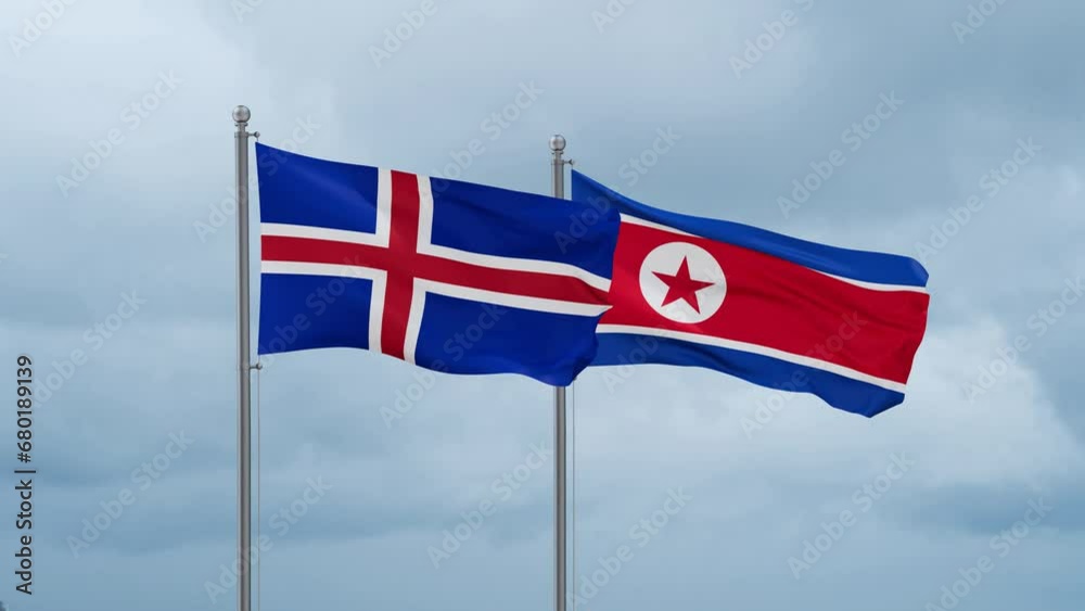 North Korea and Iceland flag waving together on cloudy sky, endless seamless loop North Korea and Iceland flag waving together on cloudy sky, endless seamless loop