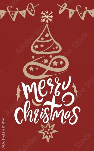 Christmas card with text Merry Christmas. Illustration in 2D drawn style celebrating Happy New year