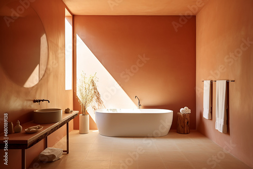 Modern bathroom interior with a freestanding bathtub in a minimalist design