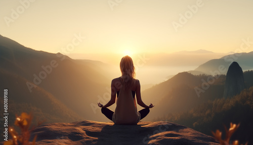 Radiant Woman Finding Zen  Yoga and Meditation at Sunrise in Tranquil Mountain Landscape