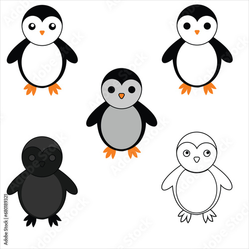 Silhouette, color and outline version of penguins