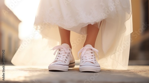  a close up of a person's feet wearing white tennis shoes and a white dress with a white skirt and a white dress with a black stripe on the bottom.