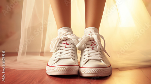  a close up of a person s feet wearing white tennis shoes with red writing on the side of the shoes and a sheer curtain behind them is a white curtain.