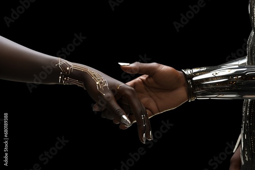 Harmony Unveiled. Human Fingers Tender Touch on AI Robots Metal Finger, Signifying Coexistence