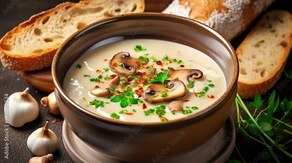 Delicious mushroom soup in a round plate on the table. Generative AI Delicious mushroom soup in a round plate on the table. Generative AI