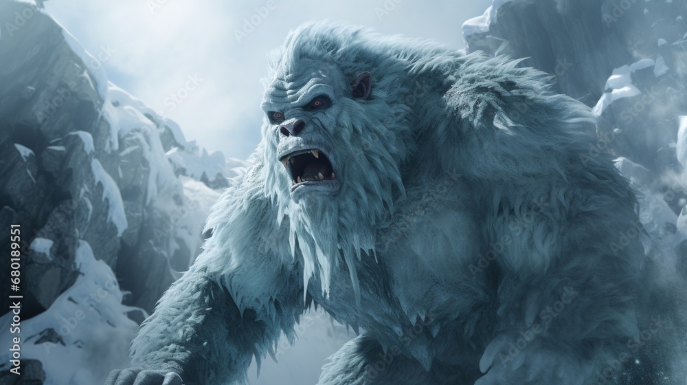 Glacial yeti description the glacial yeti is a towering ice creature that glistens with frost in 4K detail, watch as ice crystals form and shatter realistically as it moves through its frigid habitat. - obrazy, fototapety, plakaty 