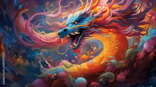  a painting of a dragon with orange, yellow, and blue colors on it's head and body, in front of a dark background of red, blue, orange, yellow, orange, and pink, and yellow flowers.