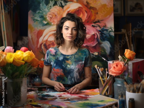 Portrait of a female artist in her vibrant studio, surrounded by her colorful creations