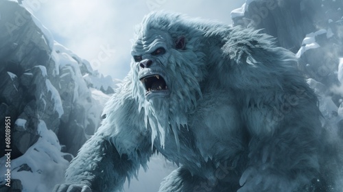Glacial yeti description the glacial yeti is a towering ice creature that glistens with frost in 4K detail, watch as ice crystals form and shatter realistically as it moves through its frigid habitat. photo