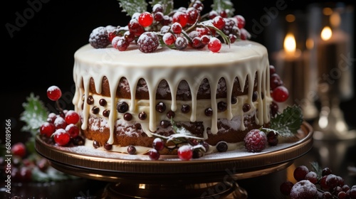  a cake with icing, berries, and holly on top of a cake platter with candles in the background and a lit candle on the side of the cake.