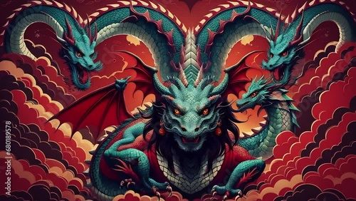 Eastern dragon in asian illustration style. Traditional Asian dragon in japanese retro style. Bright animation with illustrations transformations. AI generated video