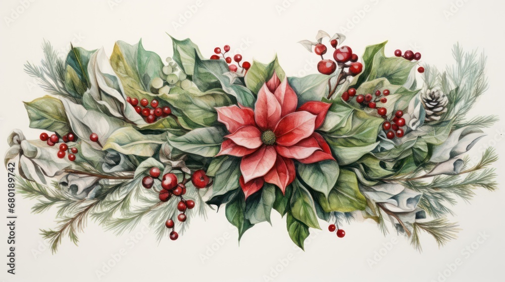 Obraz premium a painting of a christmas wreath with poinsettis, holly, pine cones, and pine cones with red berries and pine cones on a white background of green leaves.